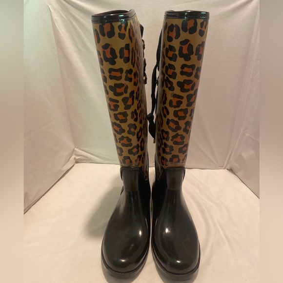COACH “Tristee” Rubber Rain Boots Leopard Pattern w/Tie Lace Women’s Size 7 - Picture 3 of 8